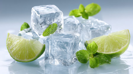 A refreshing arrangement of clear ice cubes surrounded by vibrant mint leaves and juicy lime slices, perfect for enhancing cocktails or summer beverages.の素材