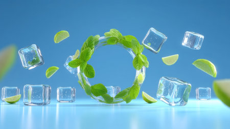 A vibrant composition featuring fresh mint leaves and ice cubes floating in a circular arrangement against a blue background, ideal for summer cocktail promotions.の素材