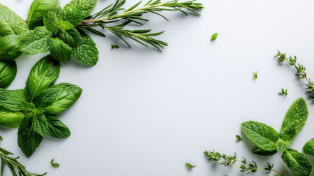 A vibrant collection of fresh green herbs including mint, rosemary, and thyme arranged on a bright white surface, perfect for culinary inspiration and healthy dishes.の素材