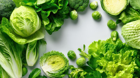 A vibrant assortment of fresh green vegetables arranged beautifully on a light surface, showcasing health, vitality, and delicious culinary possibilities for any meal.の素材