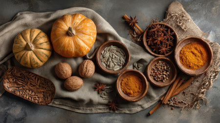 A beautifully arranged display featuring fresh spices alongside vibrant pumpkins set on a rustic surface, perfect for culinary inspiration and autumn-themed recipes.の素材