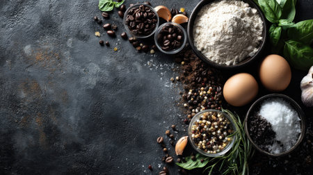 Beautiful arrangement of various fresh ingredients including eggs, spices, and herbs on a dark textured background, ideal for food photography and recipe inspiration.の素材