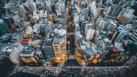 Explore the vibrant aerial view of a modern urban landscape at night, showcasing the dynamic city life with illuminating lights and busy streets bustling with activity.の素材