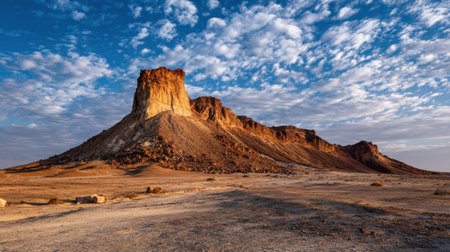 This stunning image captures a sandstone butte in a vast, arid landscape under a vibrant sky. Ideal for showcasing the beauty of nature and geology.の素材