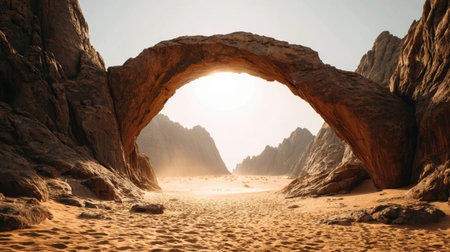 A stunning desert scene featuring a natural rock arch illuminated by bright sunlight. The captivating sandy terrain and rugged mountains create a serene atmosphere for exploration.の素材