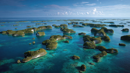 Explore a stunning aerial view of remote tropical islands, featuring crystal-clear turquoise waters and vibrant greenery under a serene blue sky, ideal for relaxation.の素材