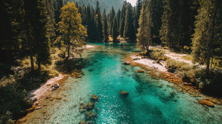 A breathtaking view showcasing a tranquil lake with crystal clear water reflecting the vibrant green forest and majestic mountains under a bright blue sky.の素材