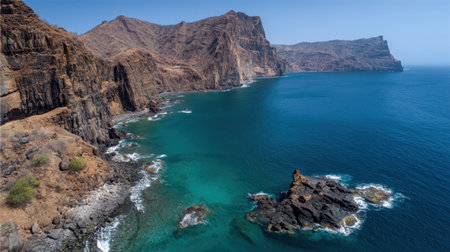 This aerial view captures a stunning coastal landscape featuring rugged cliffs and serene turquoise water. Ideal for nature lovers and travel enthusiasts.の素材