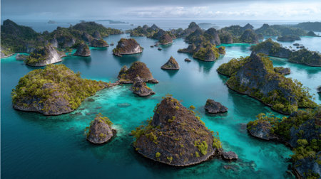 Discover a breathtaking aerial view of remote tropical islands surrounded by clear waters and lush greenery. Experience nature's untouched beauty and serenity.の素材