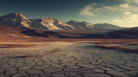 Explore a stunning arid landscape featuring cracked earth and majestic mountains under a clear sky, capturing the essence of remote wilderness in golden hour light.の素材