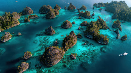 Experience the stunning beauty of uninhabited tropical islands surrounded by crystal-clear waters. This aerial view captures the lush greenery and rocky formations in a tranquil paradise.の素材