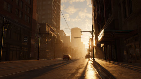 A tranquil city scene capturing the ethereal beauty of sunrise. Golden light bathes the empty street and cast long shadows, evoking peace and solitude.の素材