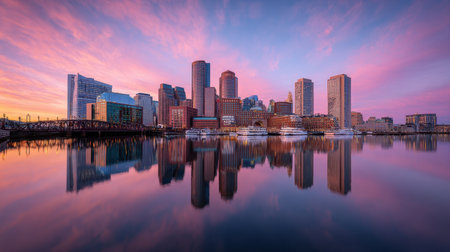 Captivating view of a city skyline at sunrise, showcasing vibrant colors in the sky and reflections on calm waters, perfect for urban landscape photography.の素材