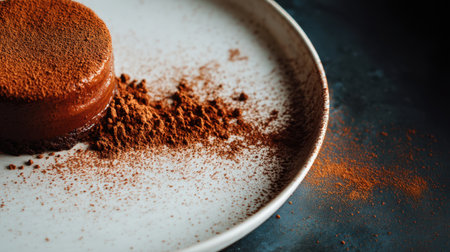 A stunning dark chocolate dessert presented on a simple plate, artistically dusted with cocoa powder. Perfect for culinary photography and gourmet showcases.の素材