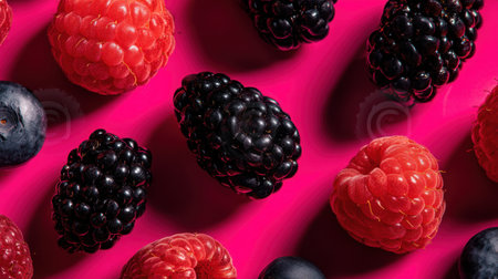 A stunning display of various berries including raspberries, blackberries, and blueberries arranged artfully on a vibrant background, ideal for food photography and culinary use.の素材