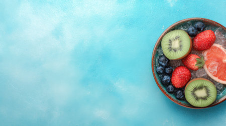 A vibrant bowl filled with fresh strawberries, kiwi, blueberries, and grapefruit arranged on a bright blue surface, showcasing a healthy and refreshing snack option.の素材