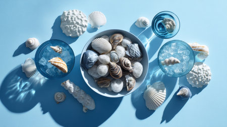 This serene image showcases a beautiful arrangement of shells and glasses, capturing the essence of summer and beach life, perfect for decor inspiration and relaxation.の素材