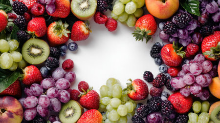 A beautiful arrangement of fresh fruits like berries, grapes, apples, and kiwis, creating a vibrant and colorful border. Ideal for designs needing a fresh, natural touch.の素材