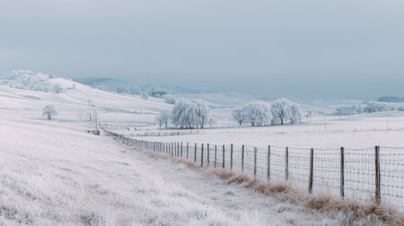 A beautiful winter landscape showcasing frost-covered trees and a rustic fence under a soft gray sky, creating a peaceful and tranquil atmosphere in the countryside.の素材
