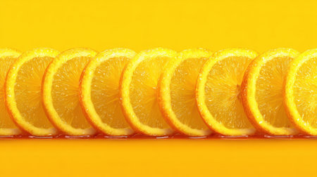 A beautiful arrangement of fresh orange slices on a bold yellow background, showcasing the vibrant color and juicy texture of the fruit, ideal for health-related themes.の素材