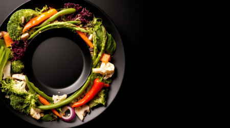 This image features a vibrant array of fresh vegetables artfully arranged in a circle on a black plate, perfect for promoting healthy eating and culinary ideas.の素材