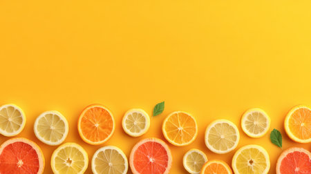 A vibrant arrangement of various citrus fruits on a bright yellow background, perfect for healthy recipes, refreshing drinks, or culinary inspirations.の素材