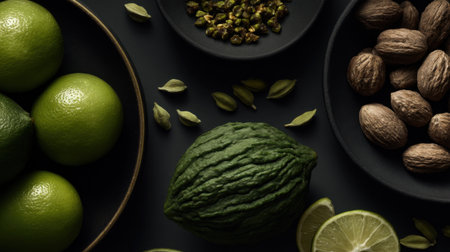 A visually appealing arrangement of fresh green ingredients including limes, watermelon, and various nuts, perfect for culinary displays and health themes.の素材