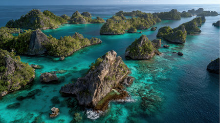 Explore the breathtaking beauty of untouched tropical islands in Raja Ampat. Vivid green landscapes meet turquoise waters, creating a serene and picturesque escape.の素材