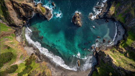 Discover a breathtaking aerial view of a tranquil coastal cove, featuring rugged cliffs and vibrant turquoise waters, perfect for nature lovers and adventurers.の素材