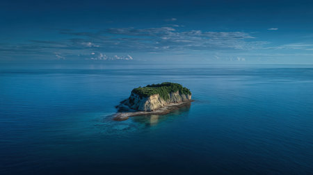 This captivating aerial view showcases an isolated island nestled in tranquil turquoise waters, surrounded by a clear blue sky adorned with soft clouds, evoking peace.の素材