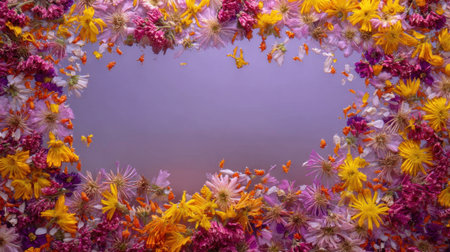 Vibrant frame of dried flowers and butterflies showcases a stunning array of colors and textures, ideal for nature-themed designs, invitations, or decorative purposes.の素材