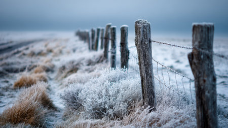 A tranquil winter scene featuring a frosty fence line set against a soft, cool backdrop. The delicate frost on grass and fence posts creates a serene atmosphere.の素材