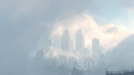 A captivating urban skyline hidden within a blanket of fog, creating a serene atmosphere. The misty scene highlights tall buildings, offering a sense of mystery and calm.の素材