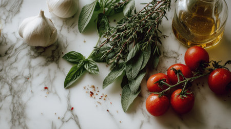 An exquisite arrangement of fresh cooking ingredients on a marble countertop featuring garlic, herbs, cherry tomatoes, and olive oil, perfect for culinary inspiration.の素材