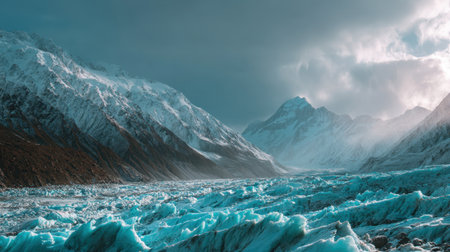 Explore a breathtaking glacier landscape featuring towering mountains, deep ice formations, and a dramatic sky, perfect for nature lovers and adventure seekers.の素材