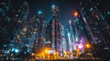 Discover a stunning night scene showcasing tall skyscrapers adorned with bright neon lights. The atmosphere captures the essence of modern urban life in a bustling metropolis.の素材