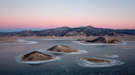 A breathtaking view of isolated hills surrounded by icy waters, set against a stunning sunset backdrop. This image showcases the pristine beauty of winter landscapes.の素材