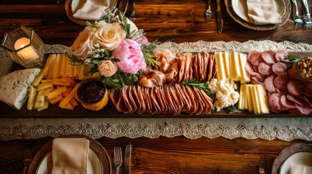 Discover an exquisite charcuterie board arrangement featuring a delightful selection of meats, cheeses, and fresh flowers, perfect for enhancing any dining experience.の素材