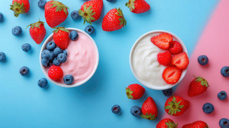 Vibrant yogurt bowls topped with fresh strawberries and blueberries against a colorful backdrop, ideal for promoting healthy eating and summer vibes.の素材