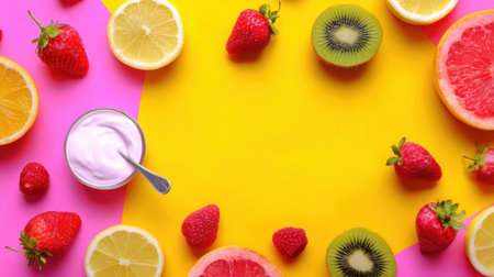 A bright and colorful arrangement of fresh strawberries, lemons, kiwis, and grapefruits surrounding a bowl of yogurt, perfect for promoting healthy eating and vibrant living.の素材