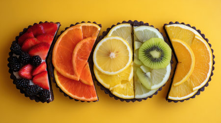 This eye-catching fruit arrangement features a delightful mix of strawberries, oranges, lemons, kiwis, and blackberries, creatively presented in decorative tart shells on a bright yellow background.の素材