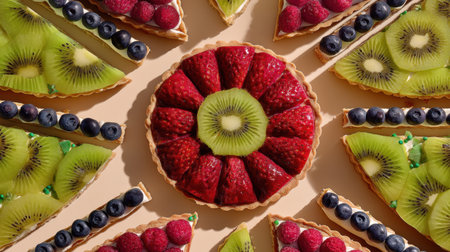 This visually stunning display features a vibrant arrangement of fruit tarts, showcasing strawberries, kiwis, blueberries, and raspberries on a light background. Perfect for food lovers.の素材