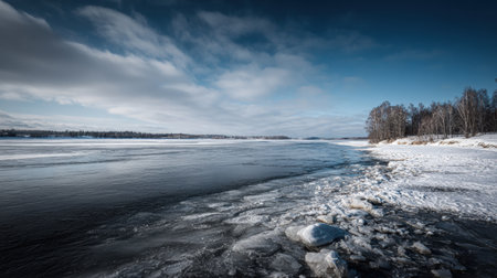 A tranquil winter river scene captures icy edges and a snowy bank under a brilliant blue sky. The serene atmosphere invites nature lovers to explore.の素材