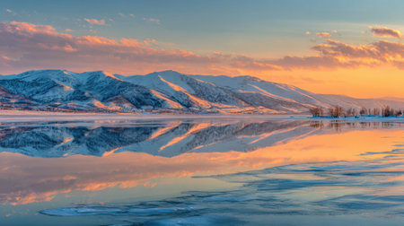Witness a breathtaking winter sunset reflecting beautifully on a frozen lake, surrounded by majestic mountains and a colorful sky in a serene, natural landscape.の素材
