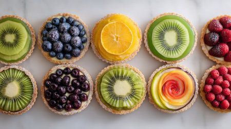 A beautiful array of assorted fruit tarts featuring colorful toppings of kiwi, blueberry, orange, and raspberry. Perfect for culinary inspiration or dessert displays.の素材
