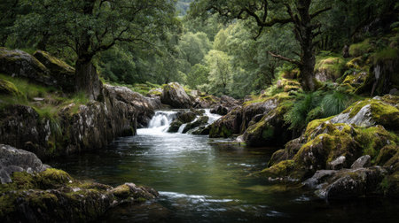 Discover a tranquil mountain stream flowing through a lush green forest, where gentle waterfalls and moss-covered rocks create a serene natural landscape.の素材