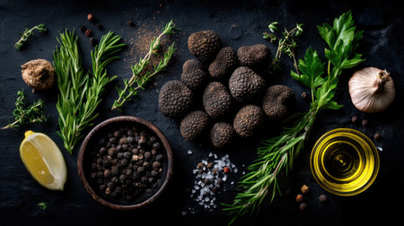 Discover the rich textures and vibrant colors of fresh black truffles coupled with herbs, garlic, and olive oil on a rustic surface, perfect for gourmet creations.の素材