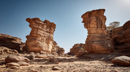 Explore the breathtaking rock formations in a remote desert landscape, showcasing unique geological structures under a clear blue sky, perfect for nature enthusiasts.の素材