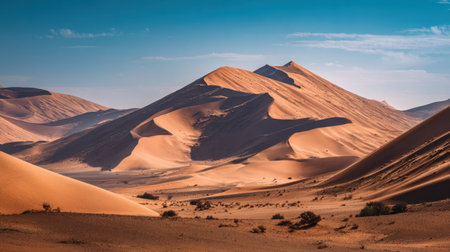 A breathtaking view of expansive sand dunes illuminated by warm sunlight, creating mesmerizing patterns in a serene desert landscape, perfect for travel enthusiasts.の素材