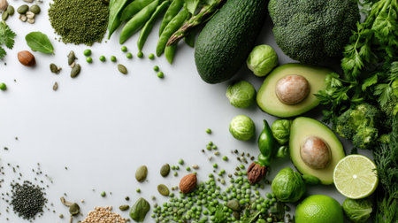 An array of fresh green vegetables including avocado, broccoli, and peas arranged meticulously on a light surface, ideal for promoting healthy eating habits and culinary creativity.の素材